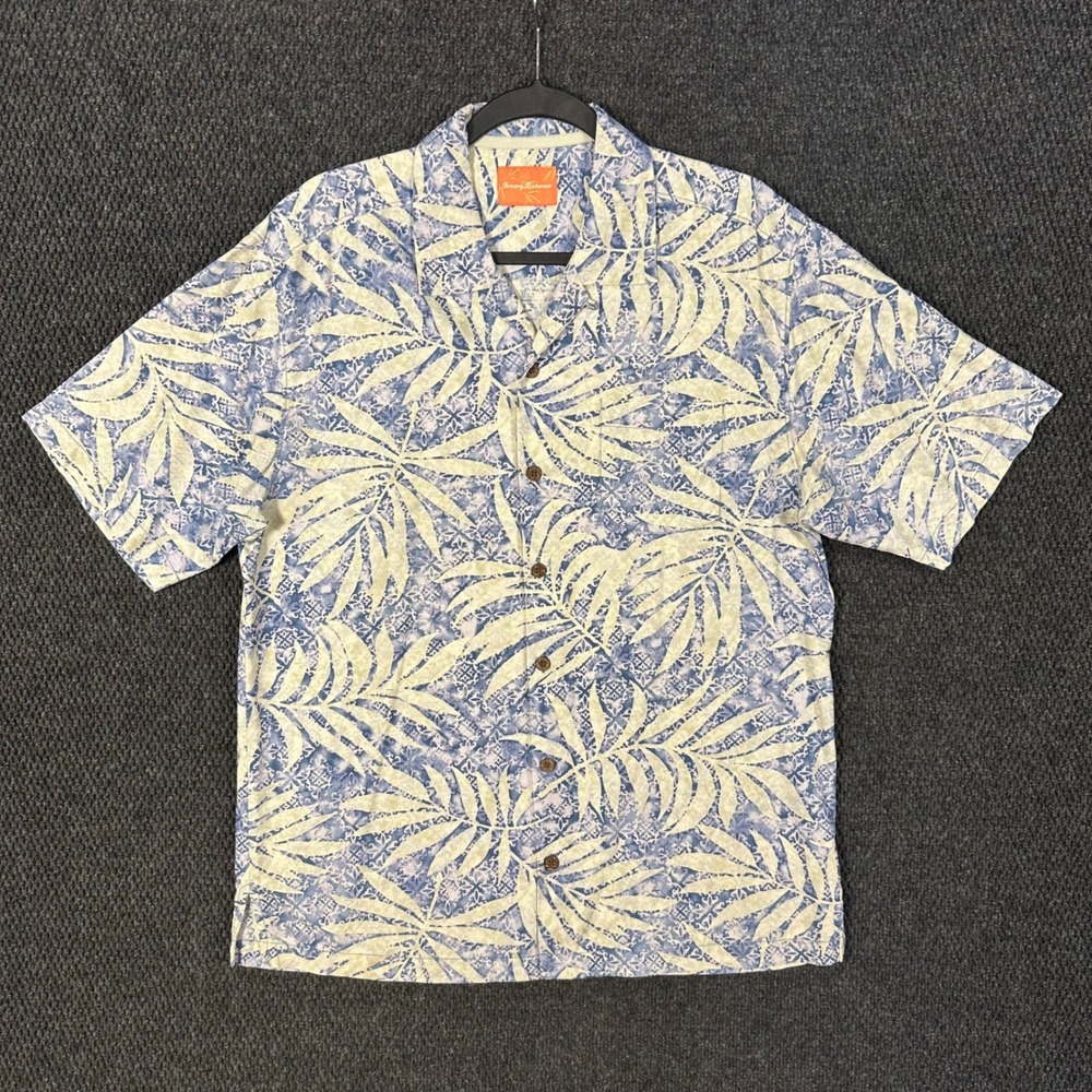 Tommy Bahama Hawaiian Aloha Shirt Mens M Blue Silk Palm Leaf Tropical Vacation